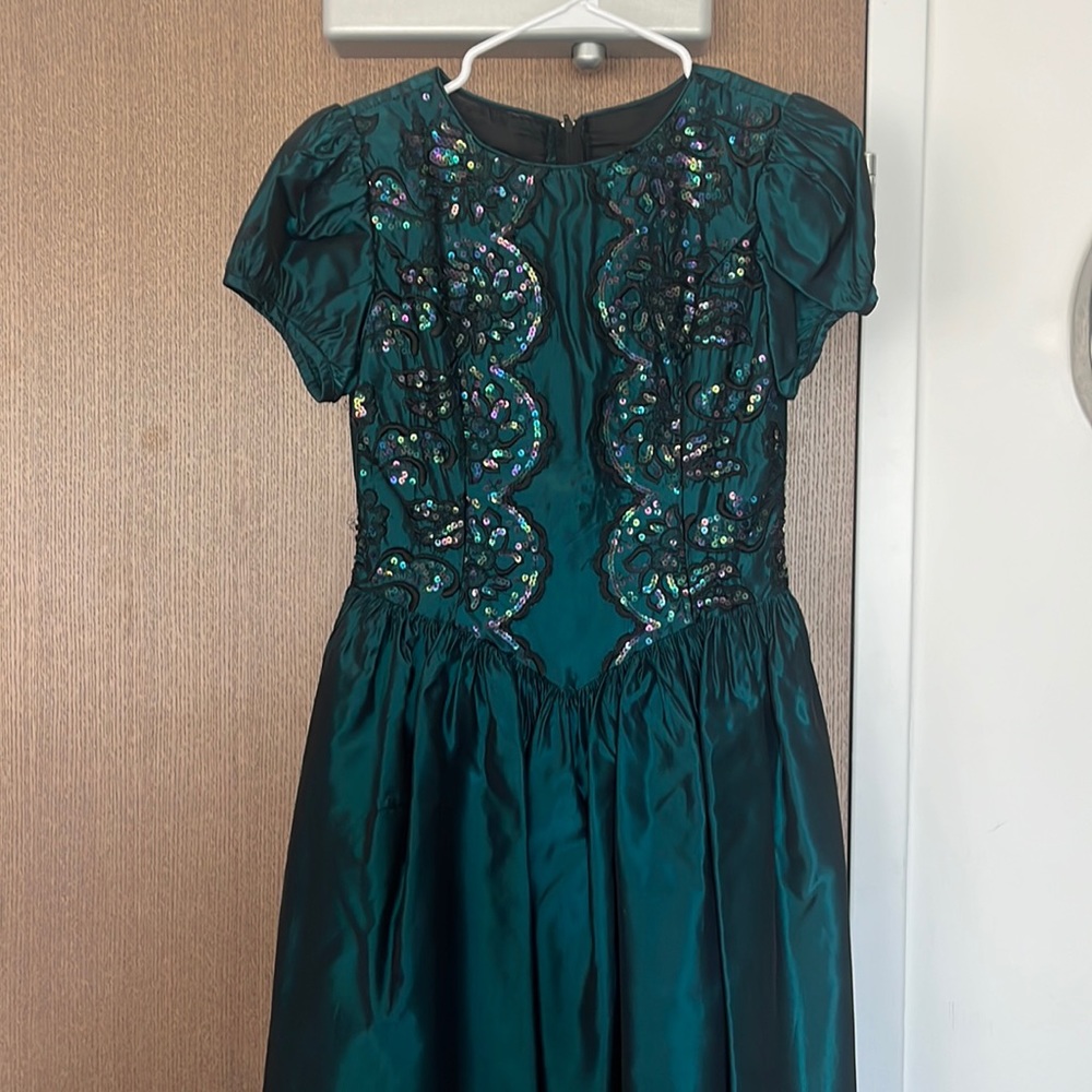 Vintage 80s Jessica Mcclintock Gunne Sax Black Green Iridescent Goth Short Dress